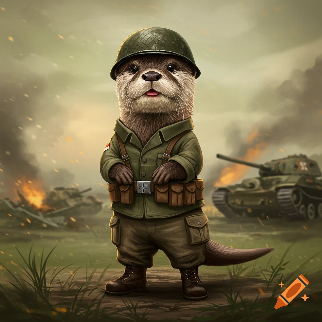 An otter wearing a military uniform is on a battlefield with tanks and explosions.