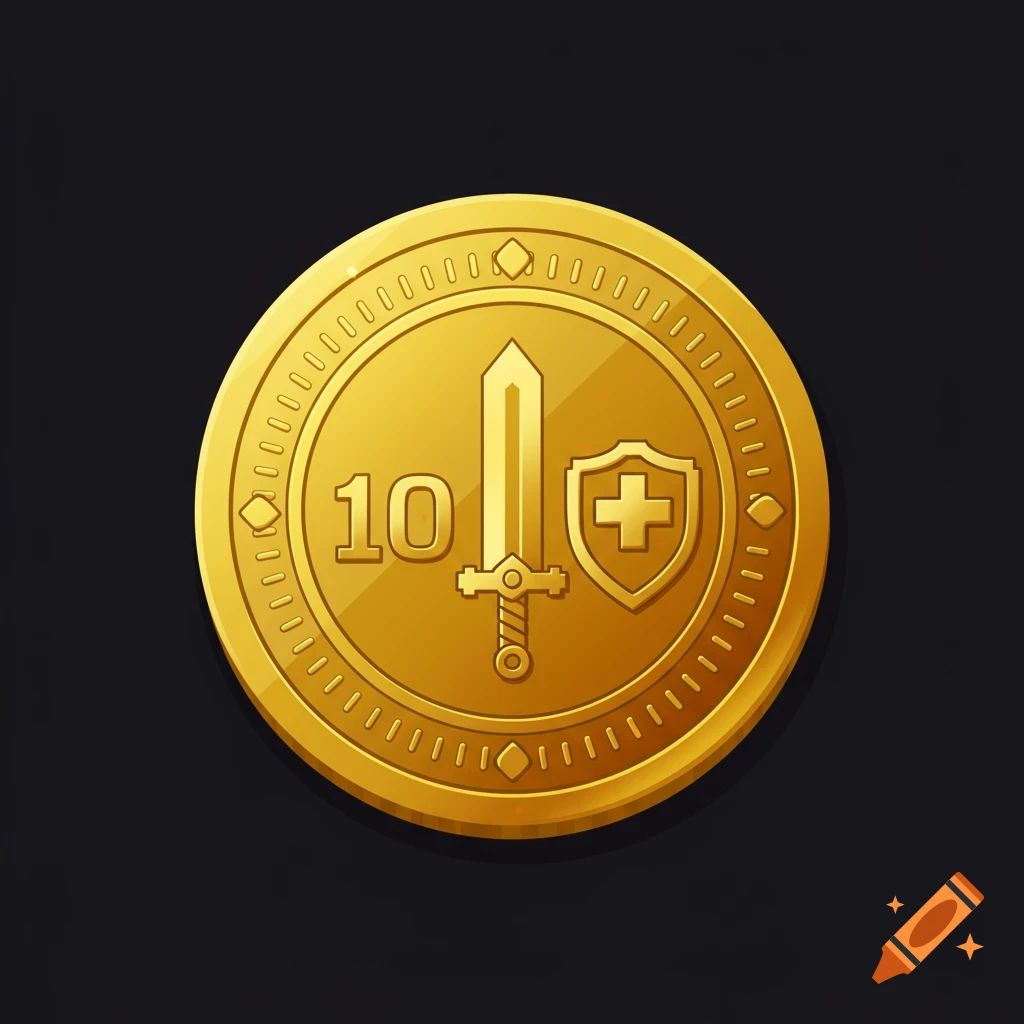 Golden video game coin with a sword, shield, and the number 10, in vector art style.