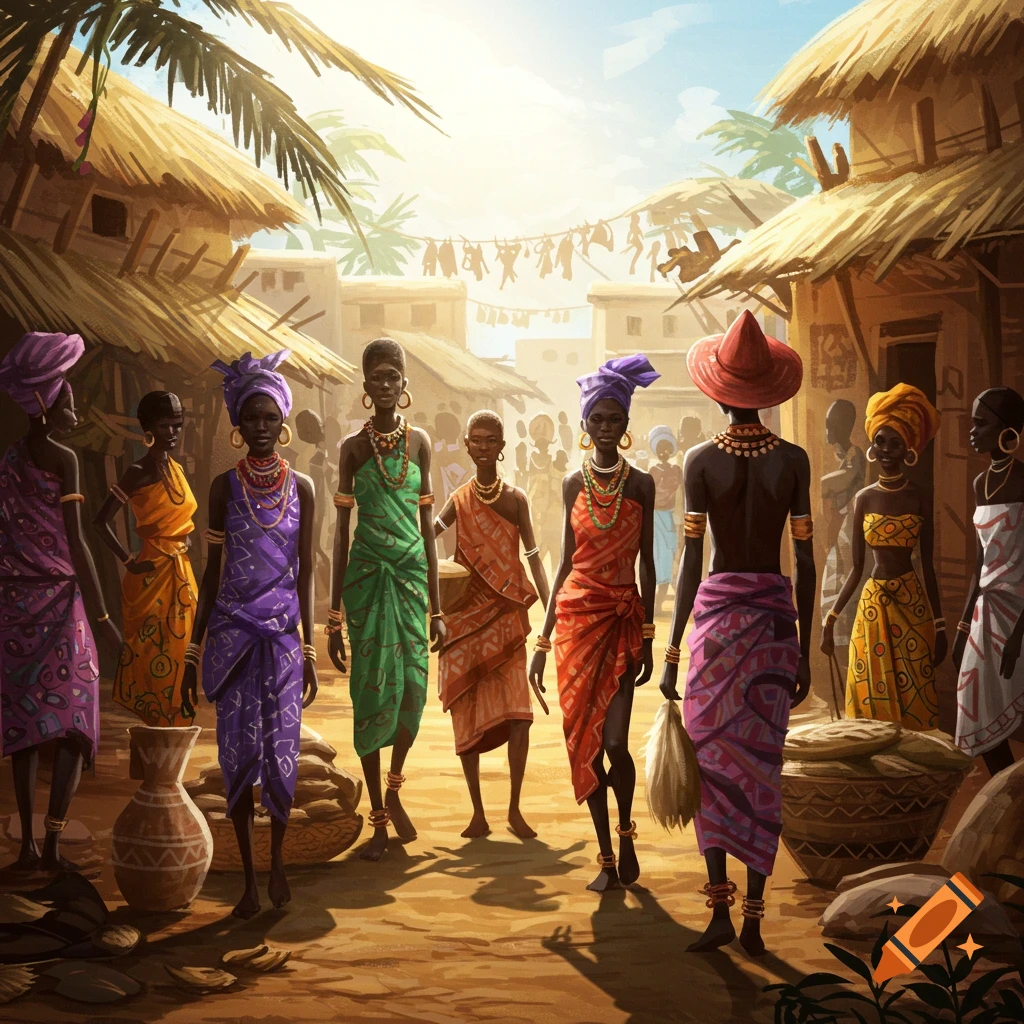 Women in colorful African clothing walking through a village.