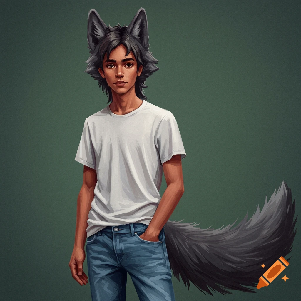 A person with wolf ears and tail wears a white t-shirt and jeans, standing against a green background.
