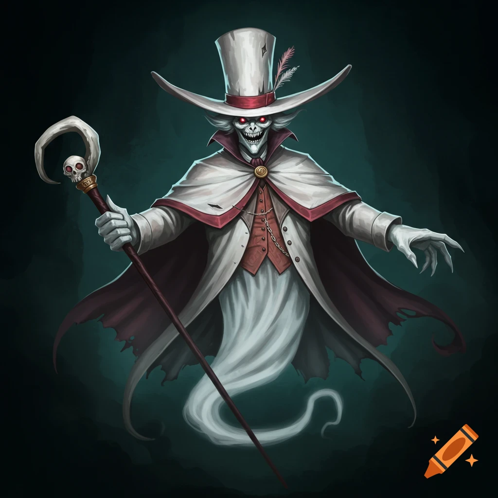 A dapper ghost in a top hat and coat holding a skull-topped staff