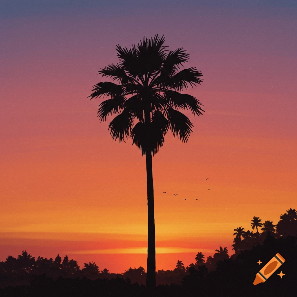 Palm tree silhouette against an orange and purple sunset sky with birds flying