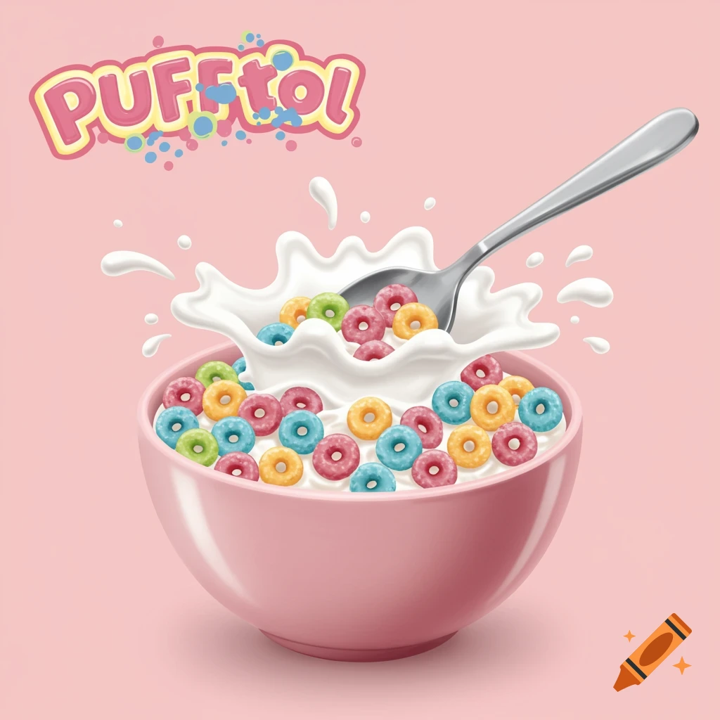 Cartoon style image of a pink bowl of colorful cereal and splashing milk with a spoon and 'PUFFtol' text.