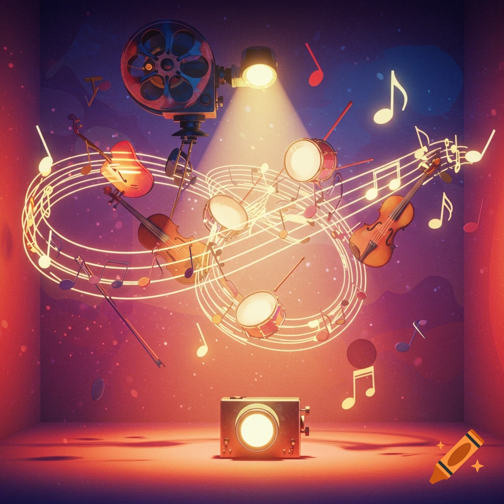 Animated musical notes and instruments floating around a projector in a colorful, stylized room.