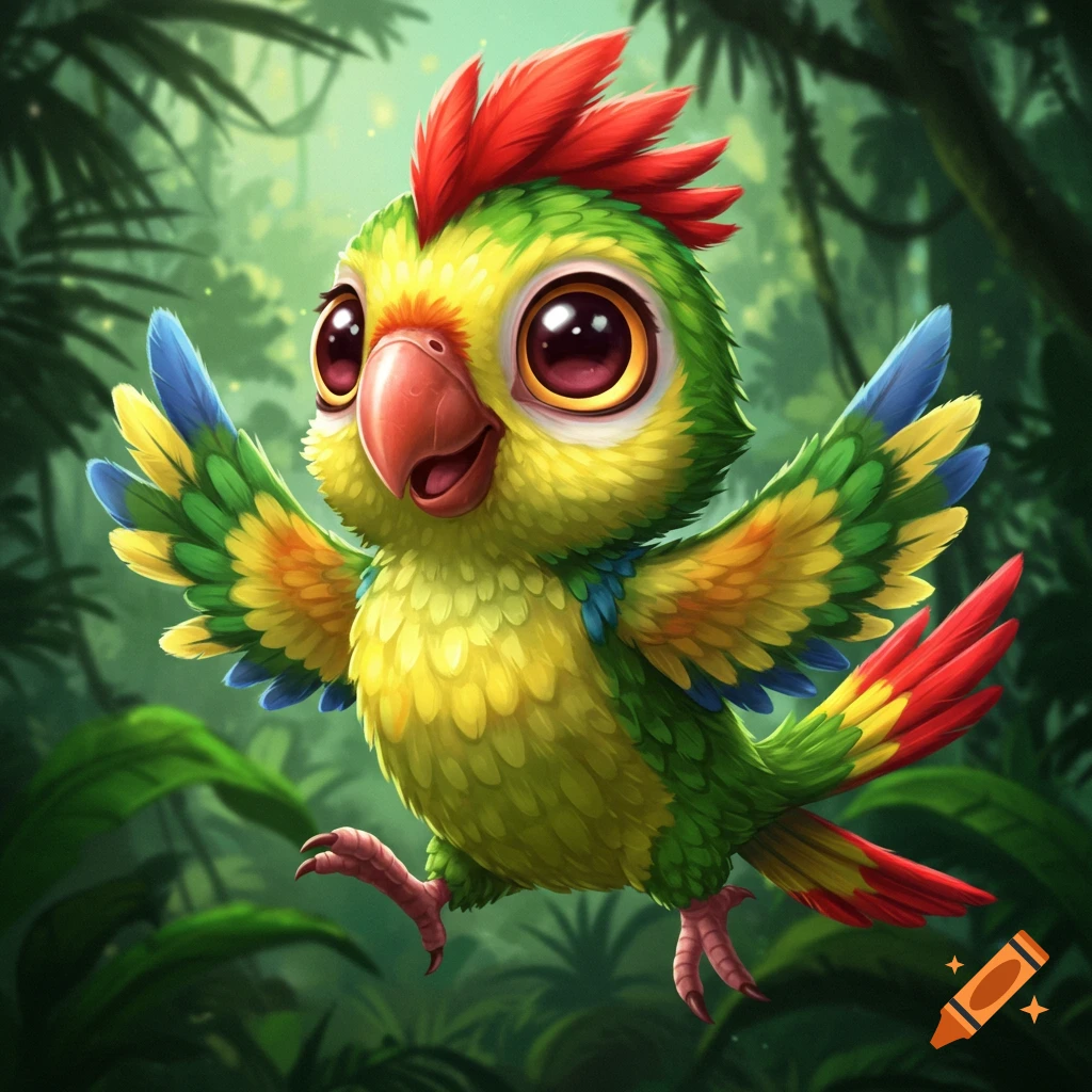 A cute cartoon parrot flying in a jungle.