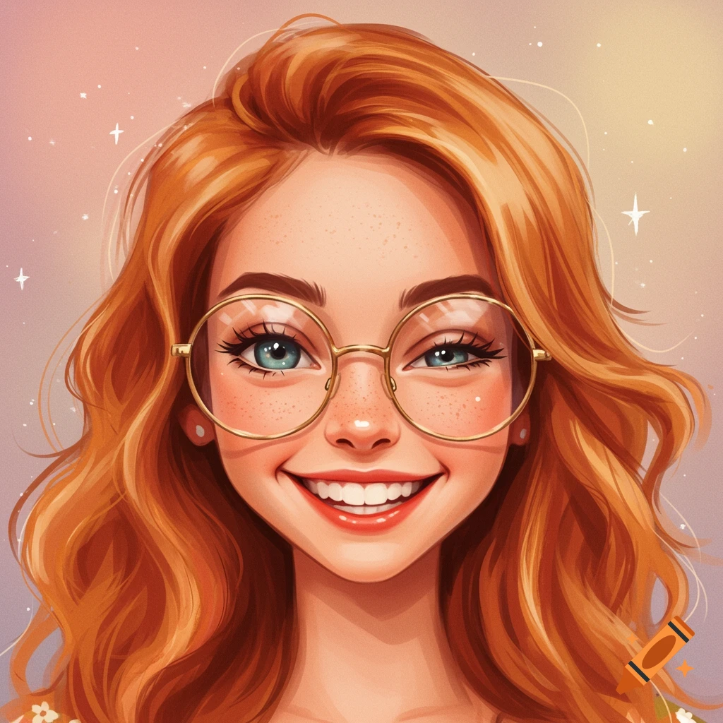Close-up illustration of a smiling girl with red hair and round glasses against a soft background with sparkles.