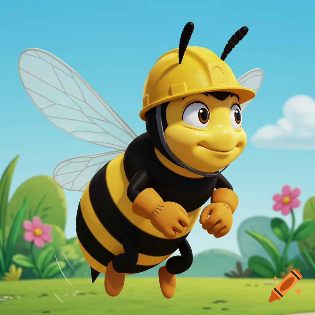 Cartoon bee with a yellow hard hat and work gloves flying in a grassy field.
