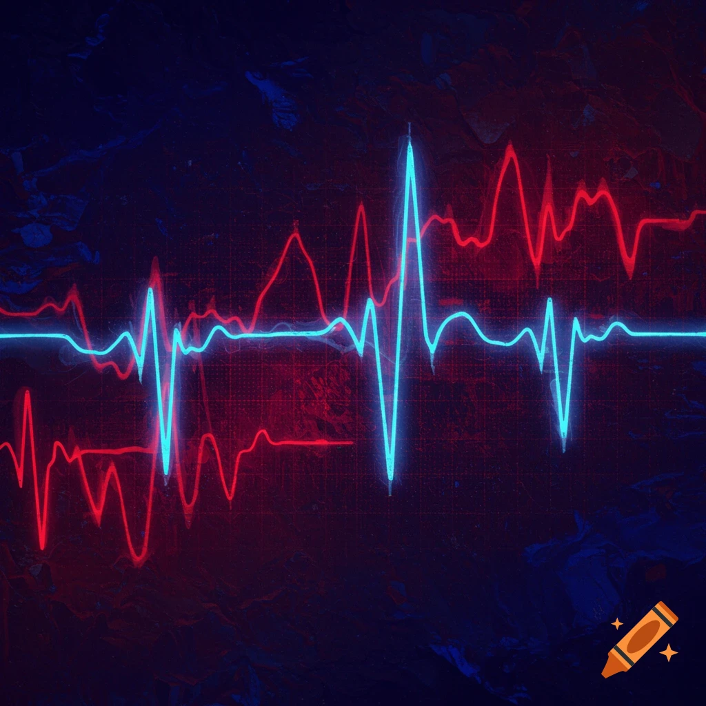 Glowing red and blue lines depict ECG heart rhythms on a dark, textured background with a grid.