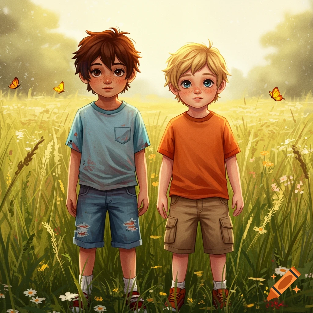 Two young boys stand in a sunny meadow filled with wildflowers and butterflies.