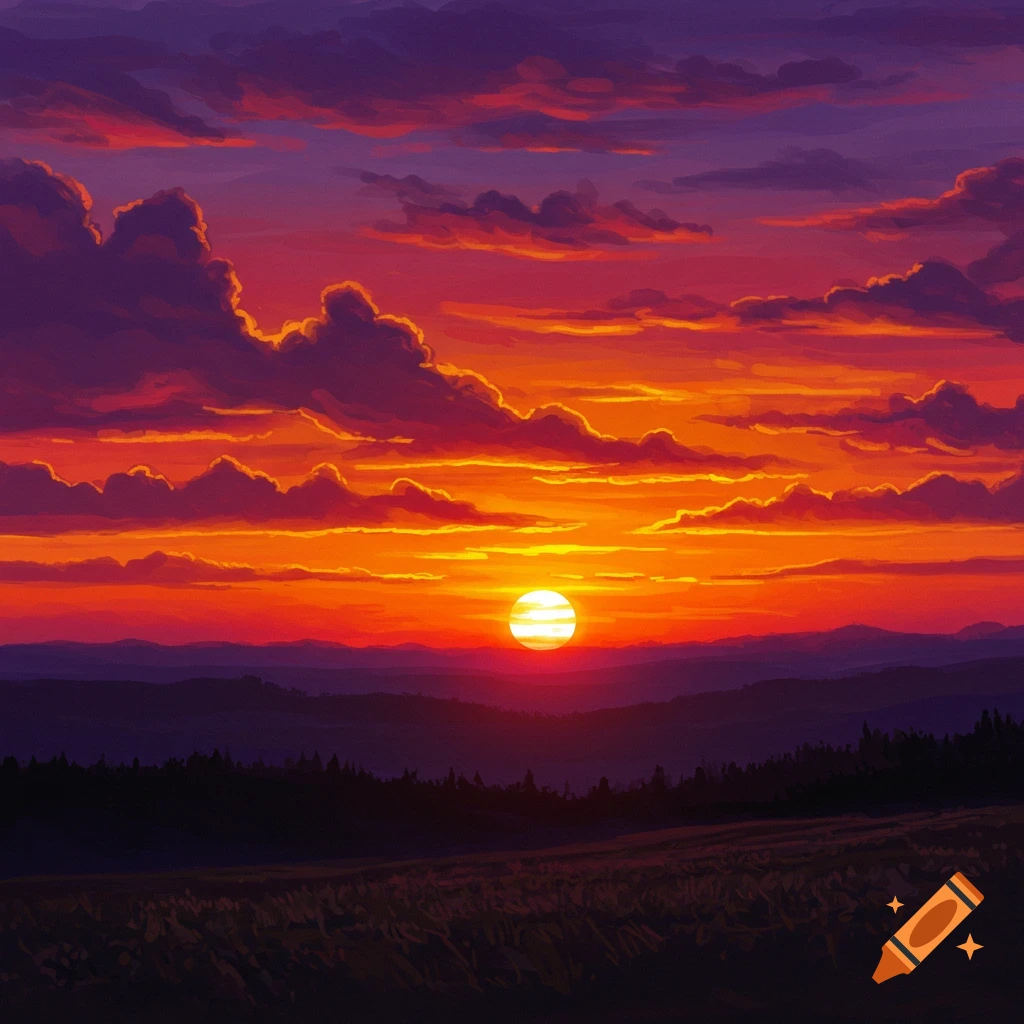 A vibrant orange and purple sunset over dark hills and trees.