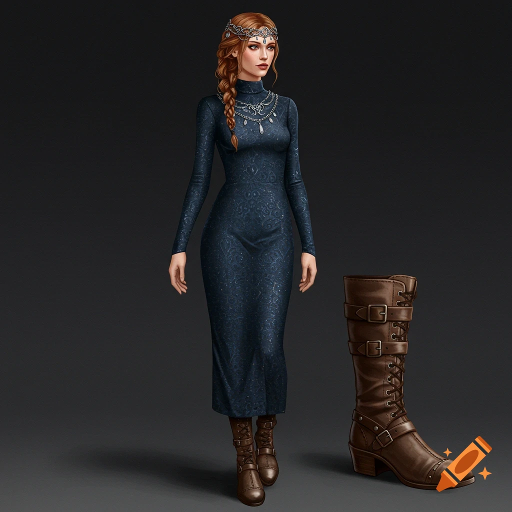 A woman is depicted in a dark medieval-inspired dress, jeweled headband, and large brown boots.