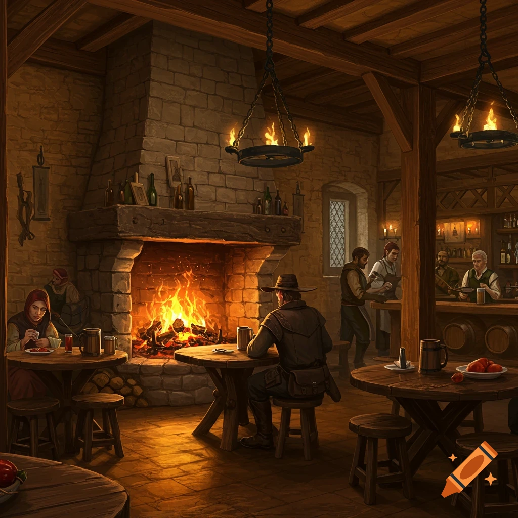 A dimly lit medieval tavern with a fireplace and patrons.