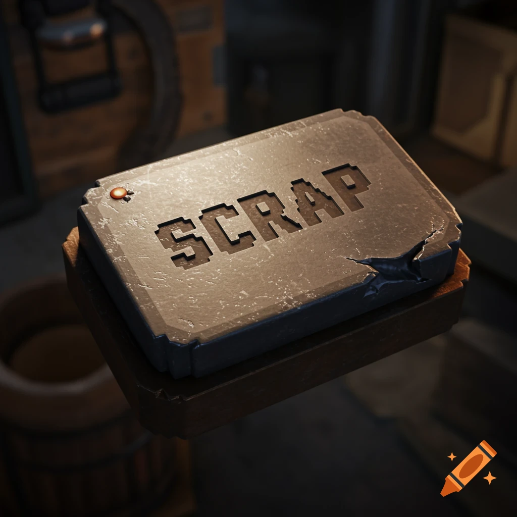 3D rendered pixelated metallic button labeled SCRAP in a dark, gritty environment.