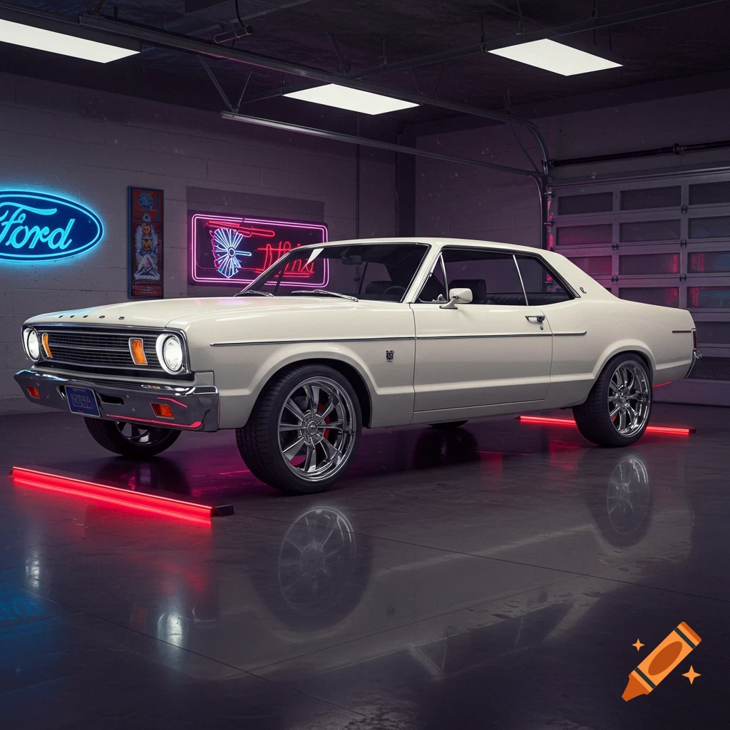White classic coupe car in a garage with neon signs and red floor lighting.