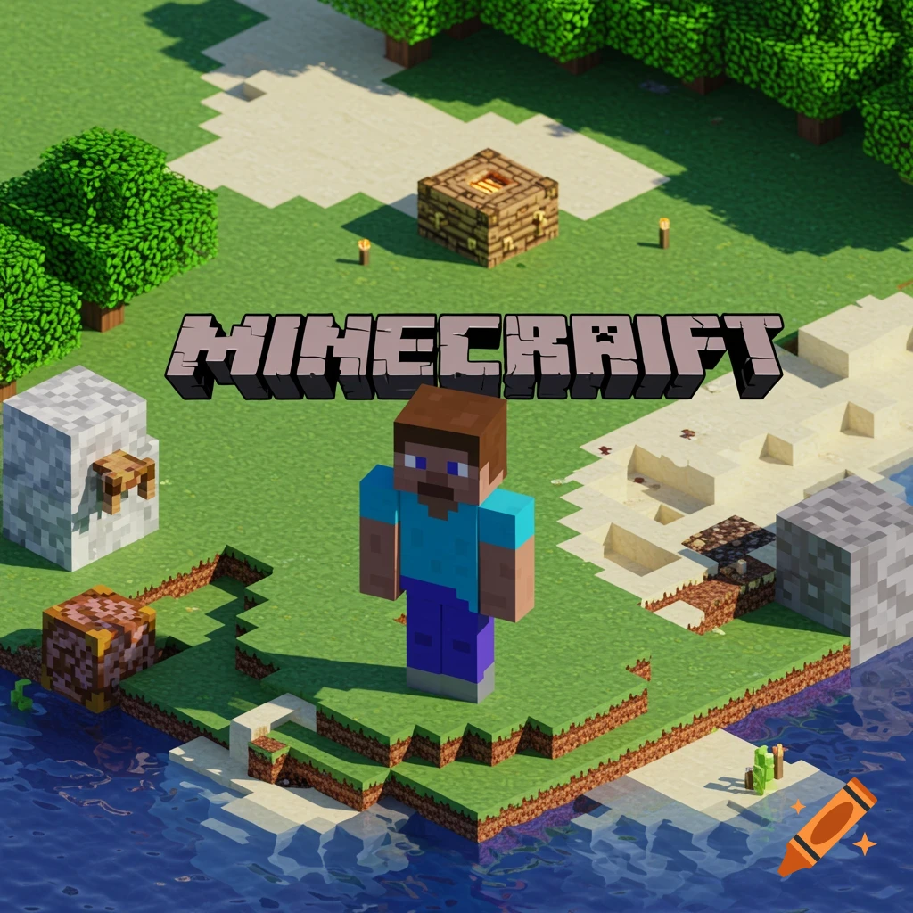Steve stands in a pixelated Minecraft world next to the Minecraft logo.