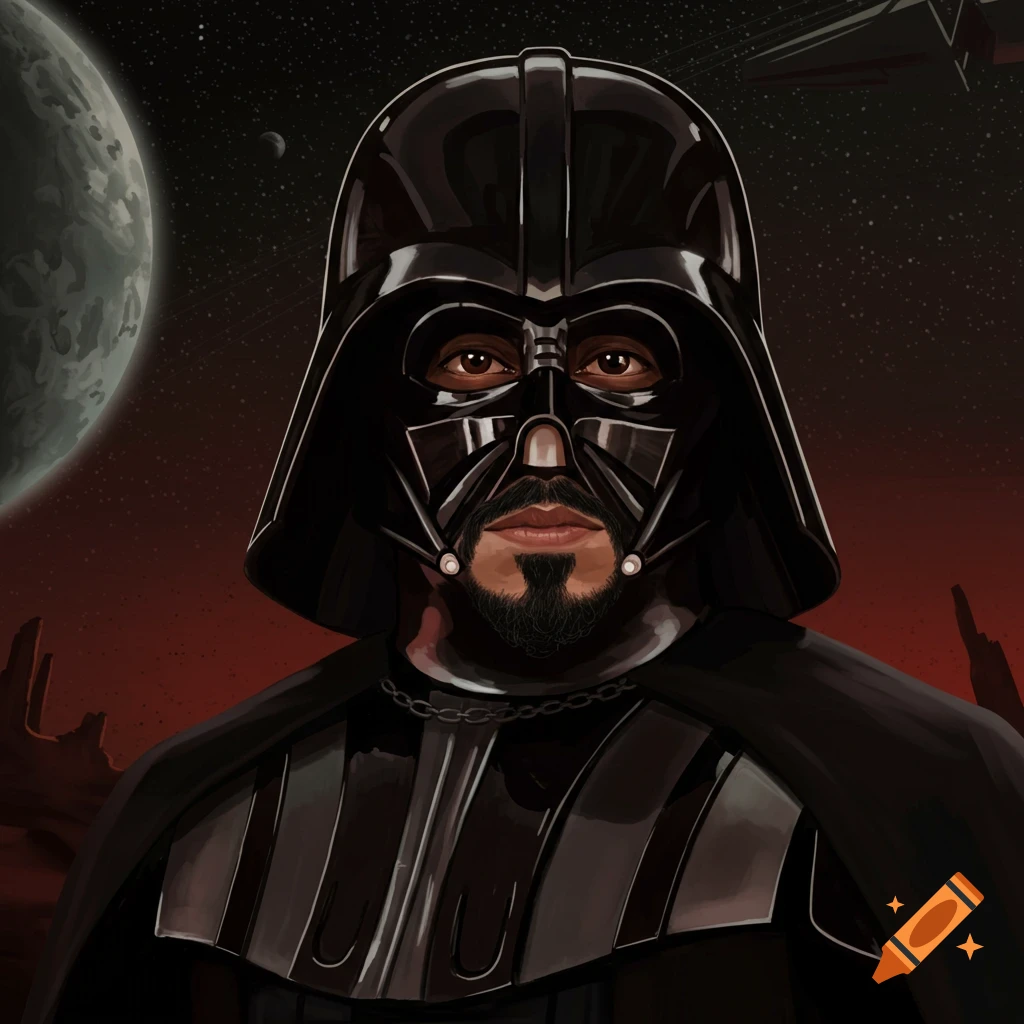 Portrait of a Hispanic person in Darth Vader costume