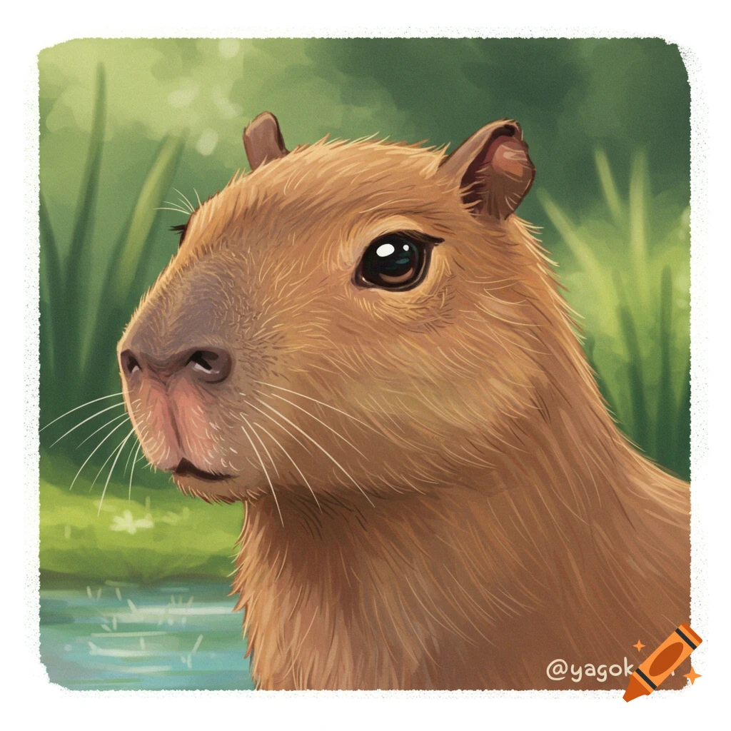 A close-up of a capybara's head and shoulder, looking left against a blurry green and water background.