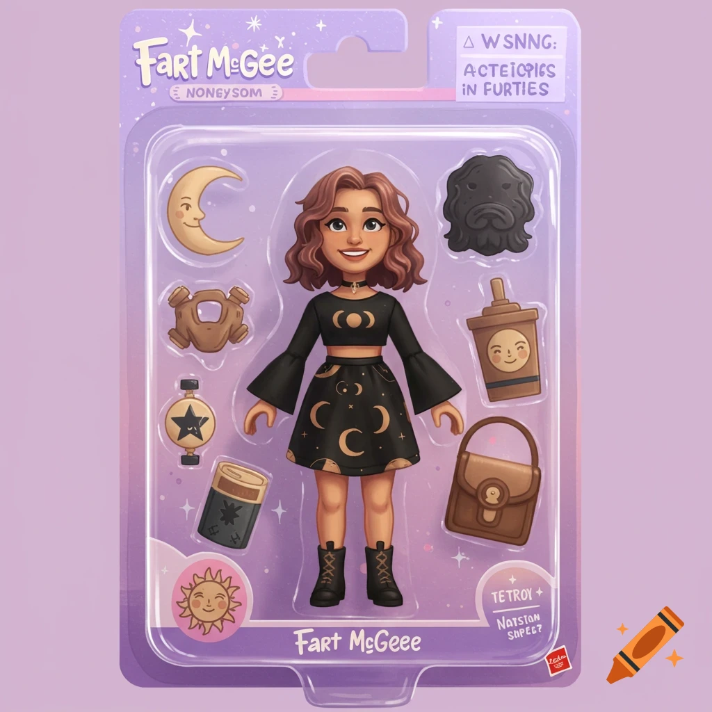 A collectible action figure of a woman in a black dress with moon symbols, packaged with accessories.
