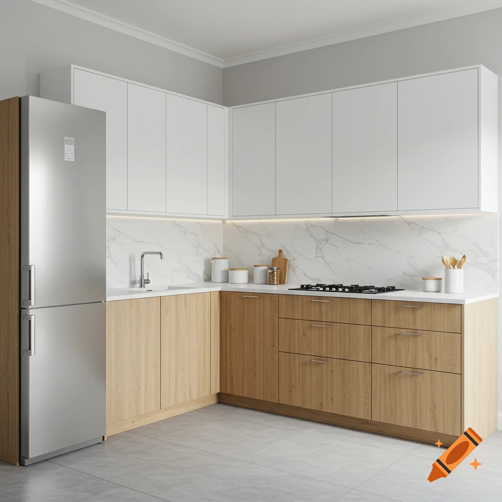 L-shaped modern kitchen with white upper cabinets, natural oak lower cabinets, marble backsplash, and stainless steel fridge.