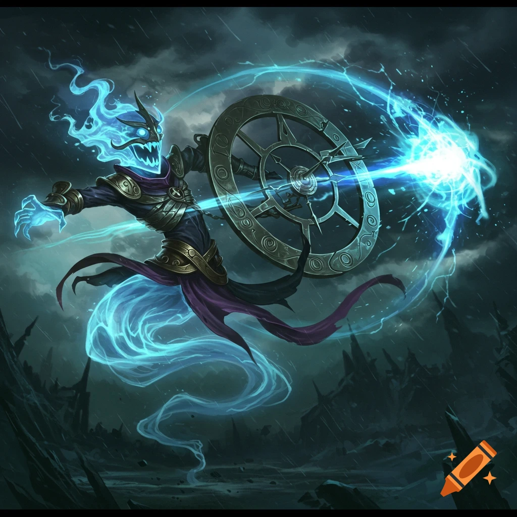 A blue ghostly creature in armor attacking with an energy weapon during a storm.