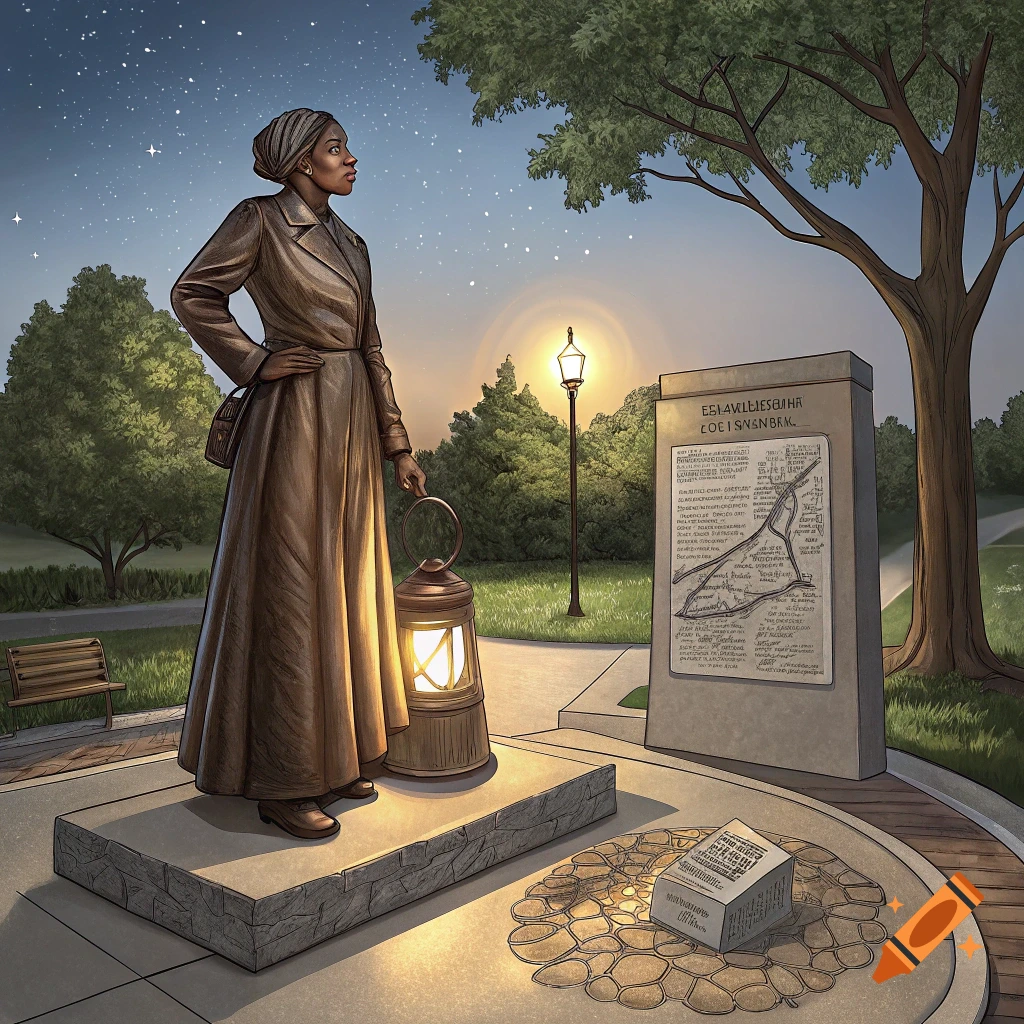 Monument of Harriet Tubman holding a lantern under a starry night sky with a large stone marker.