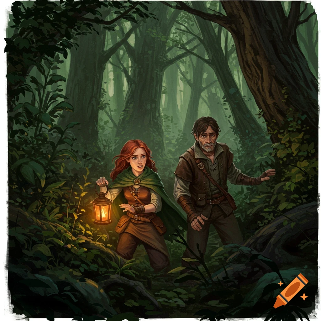 Two people search a dark forest by lantern light, looking surprised and concerned.