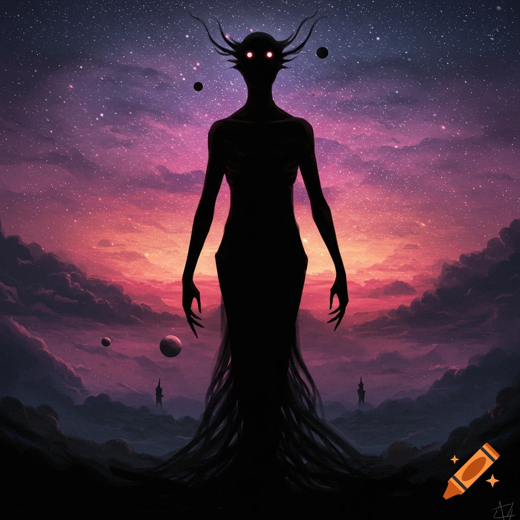 Tall, shadowy figure with red eyes and tendrils against a cosmic sky with clouds and planets.