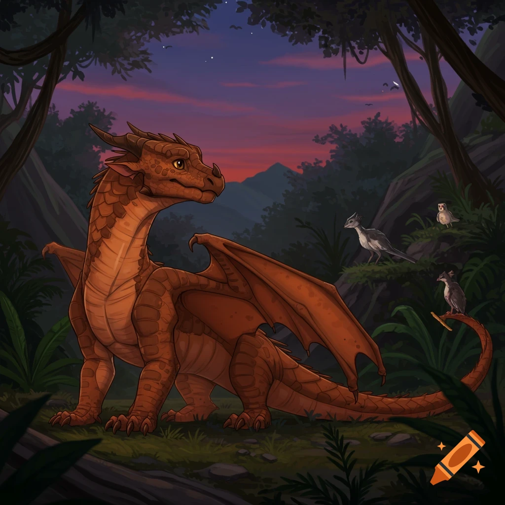 A brown dragon in a rainforest at twilight.
