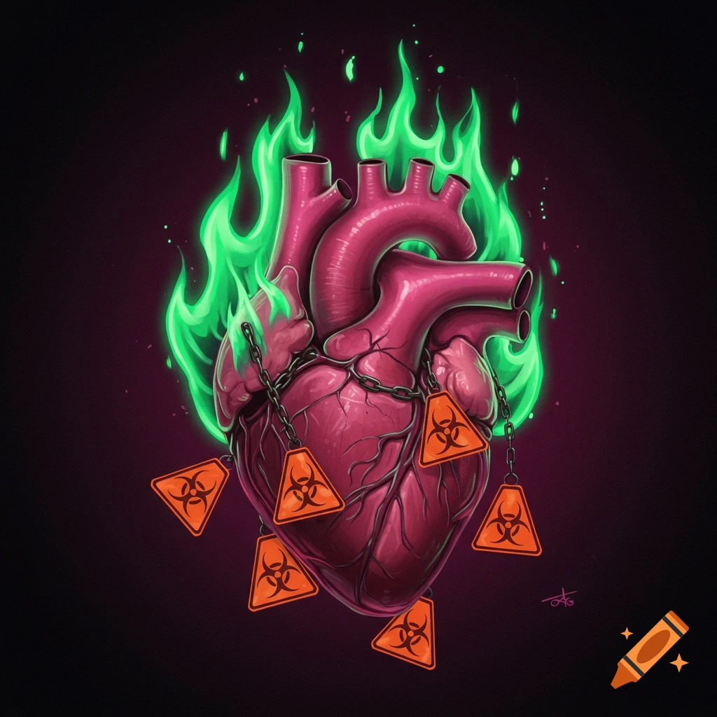 A fuchsia heart with green flames and biohazard signs on chains.