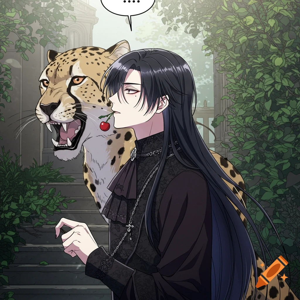 Manhwa character with long dark hair and cherry next to a cheetah in a garden