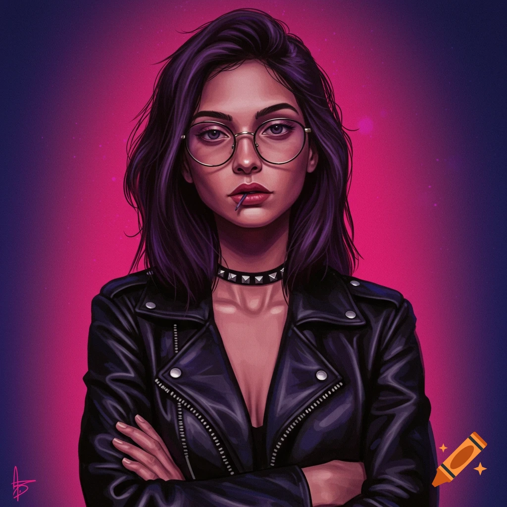 A woman with dark hair, glasses, leather jacket, and studded choker, arms crossed, against a gradient background.
