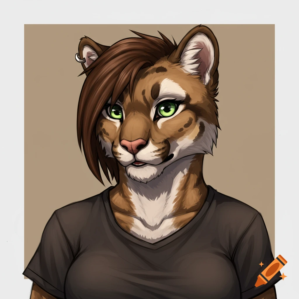 Bust portrait of a female mountain lion fursona with green eyes and short brown hair, wearing a black t-shirt.