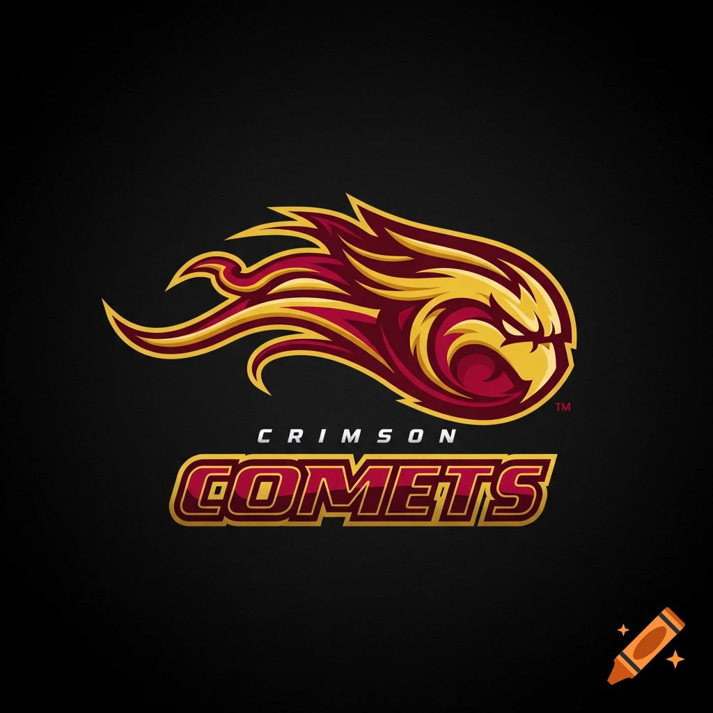 A crimson and gold sports logo featuring a stylized bird or comet head with trails and the text CRIMSON COMETS.