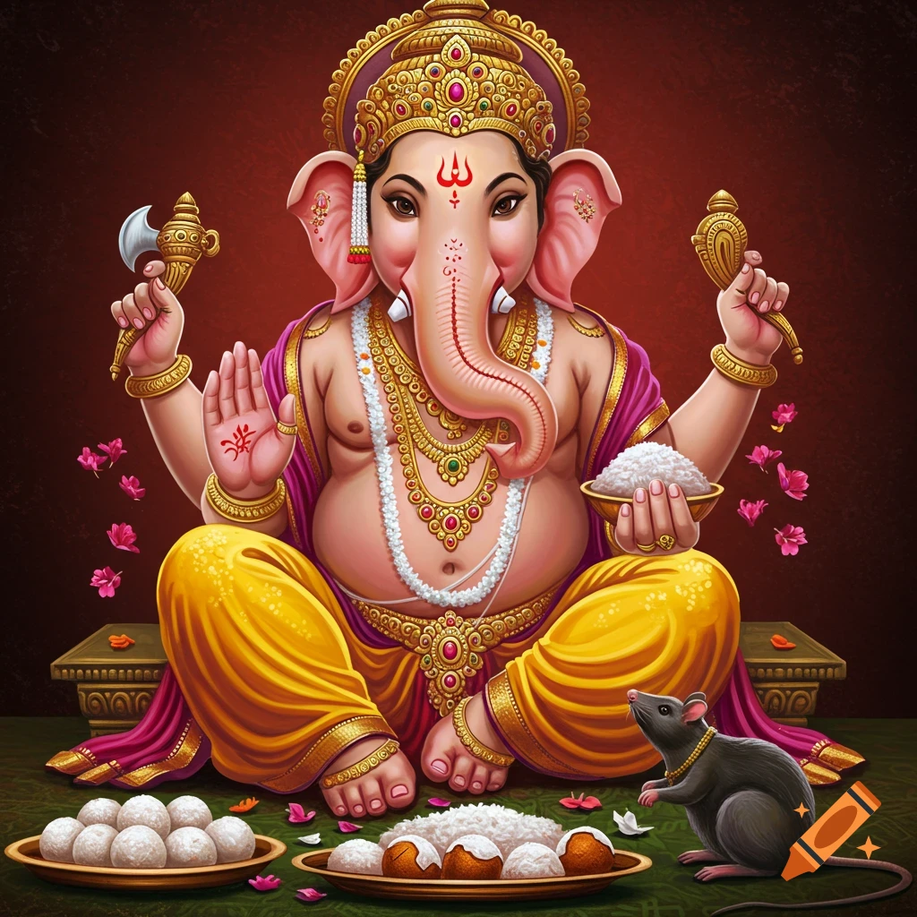 Lord Ganesha is depicted sitting with multiple arms, adorned with jewelry and holding an axe, mirror, and rice bowl. Offerings and a rat are also present.