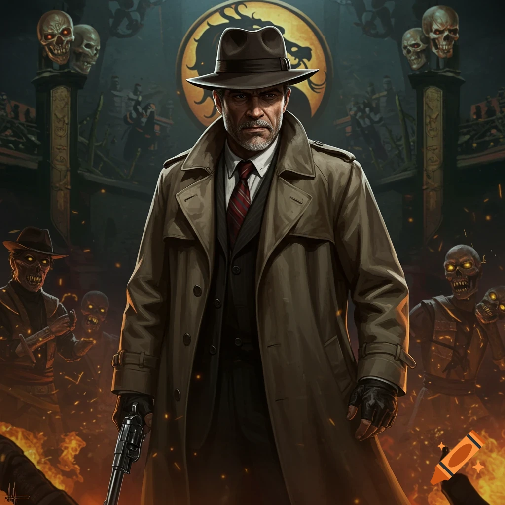 A man in a trench coat and hat with a gun stands in a dark arena with zombies and skulls, featuring a dragon logo.