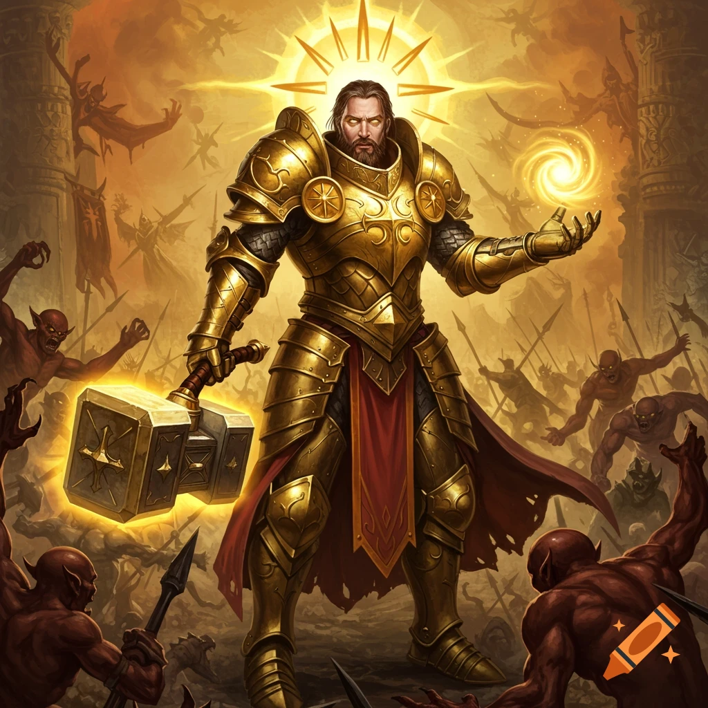 A golden-armored warrior with a glowing hammer and orb stands amidst a battle with demons, bathed in radiant light.