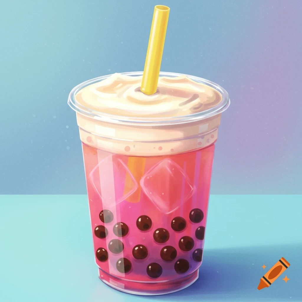 A pink boba drink with creamy topping and a yellow straw