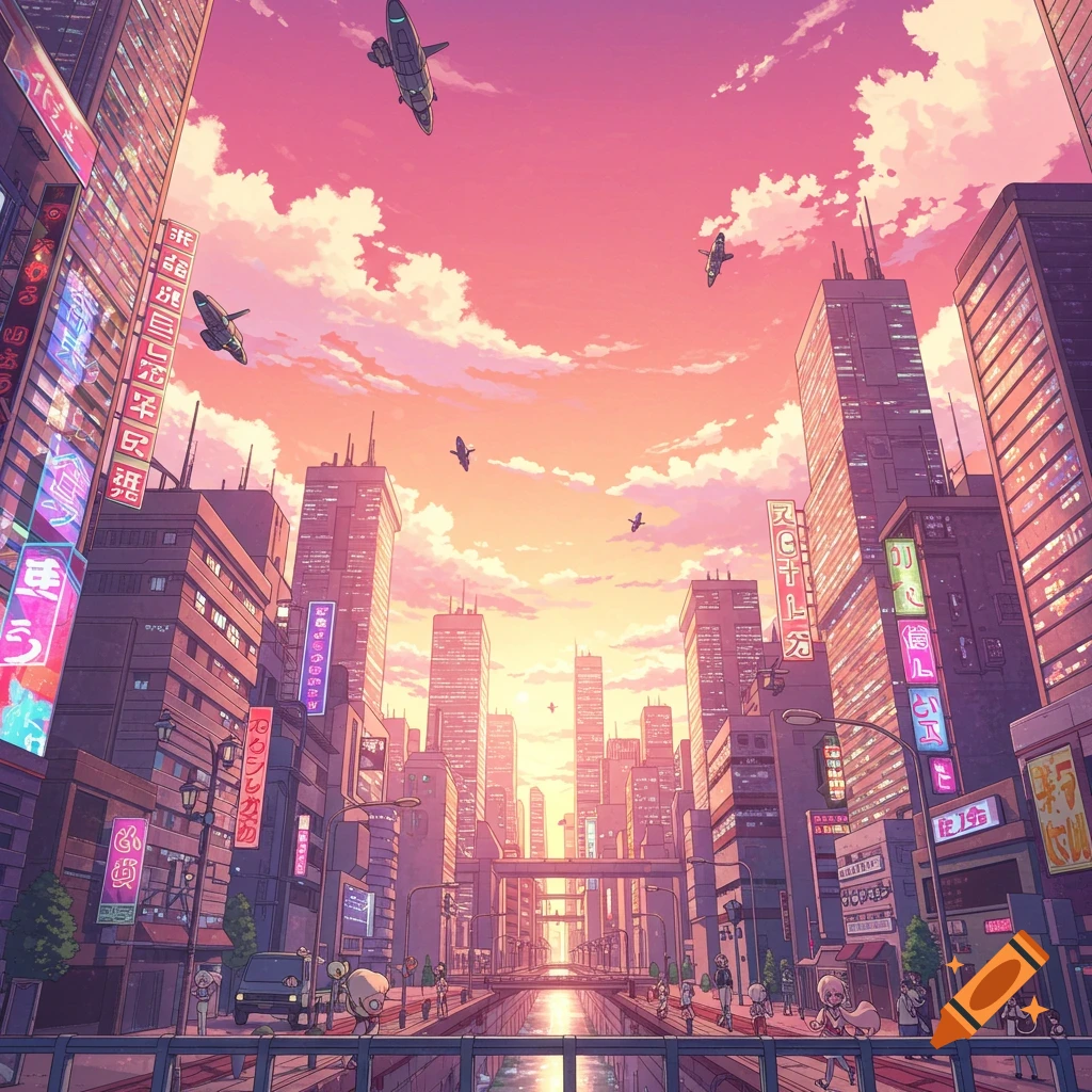 Anime style illustration of a futuristic city street at sunset with tall buildings, neon signs, flying vehicles, and people walking by a canal.