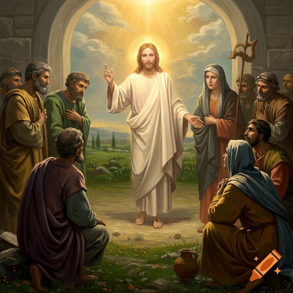 Jesus standing among followers in an outdoor landscape, bathed in divine light.