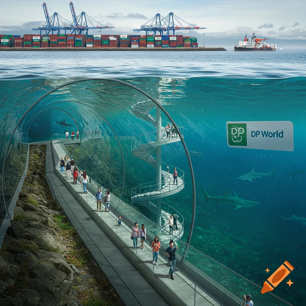 Conceptual image of an underwater glass tunnel with people and sharks near a port terminal.