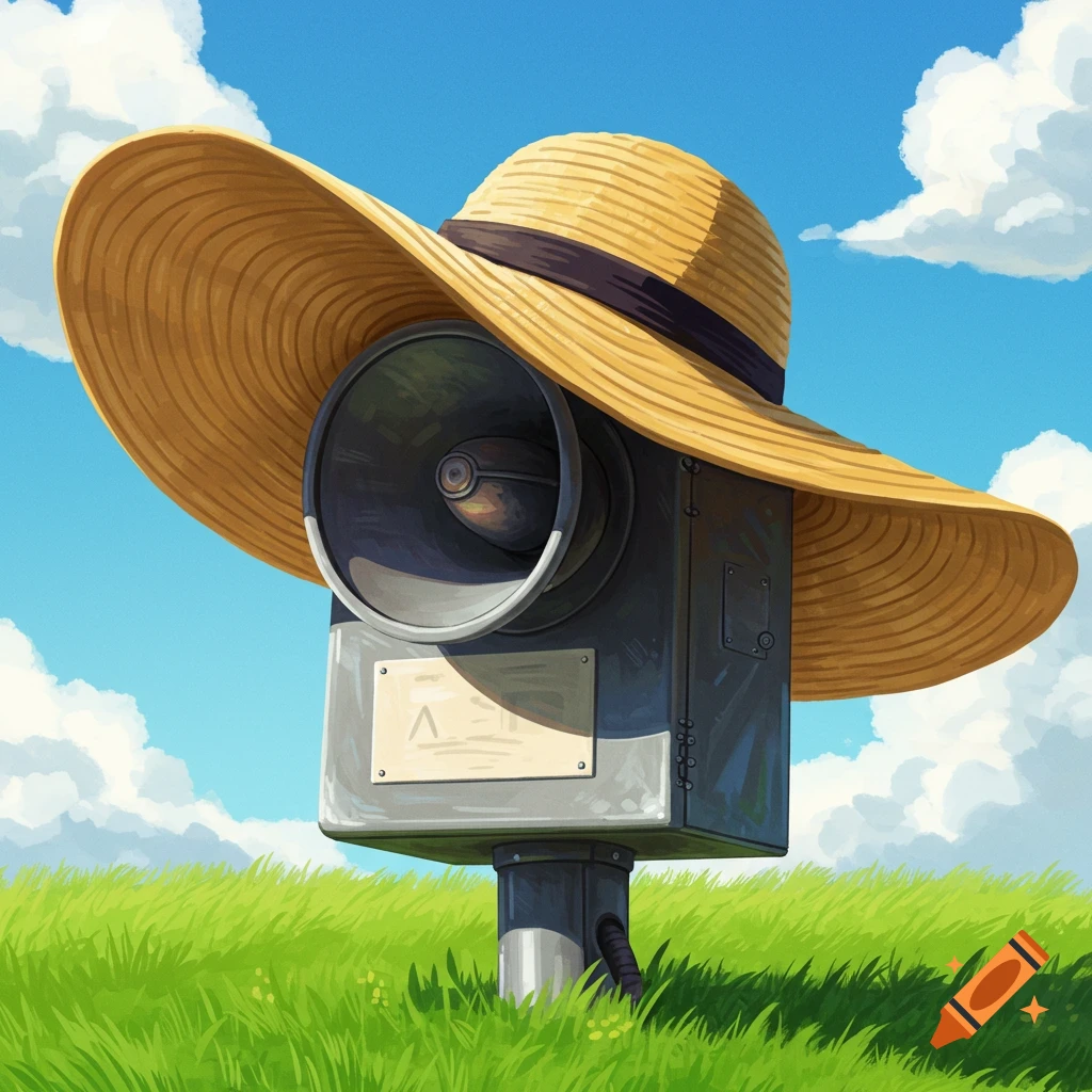 A bizarre grey outdoor warning siren wearing a large straw hat in a sunny grassy field.
