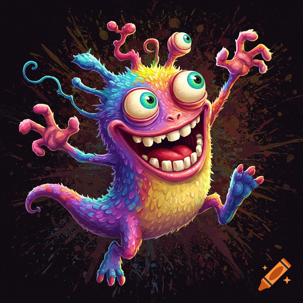A colorful, cartoony monster with multiple eyes and limbs, smiling excitedly, against a dark, splattered background, digital art.