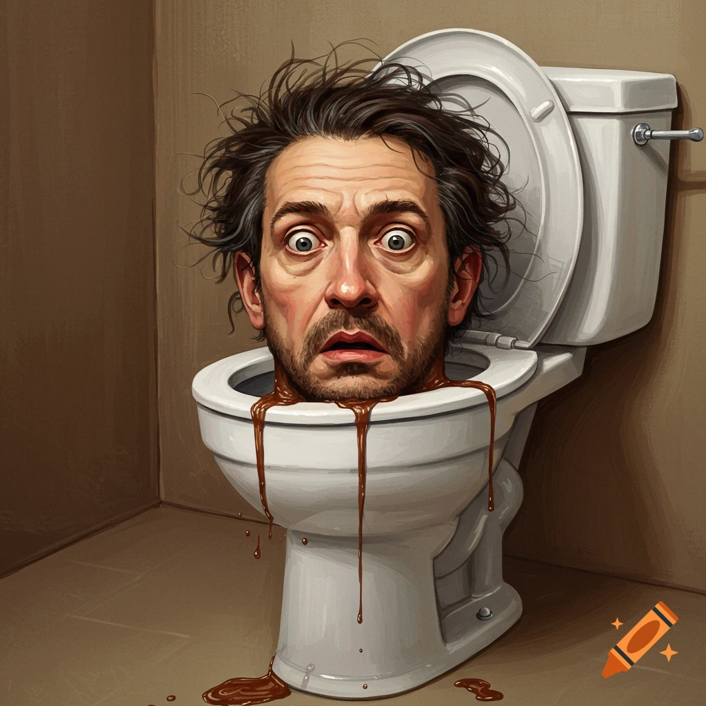 A man's head emerging from a toilet bowl, with brown liquid dripping