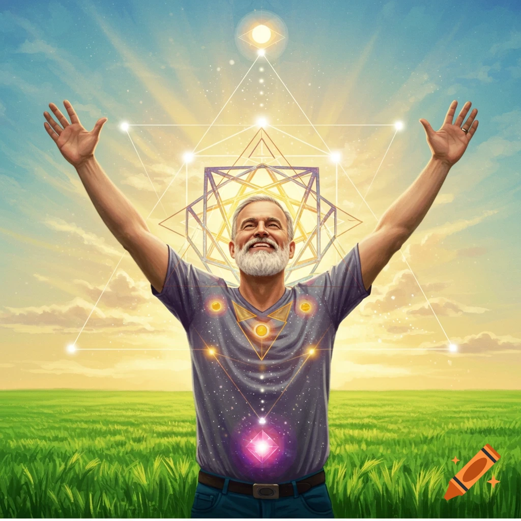 A man with arms raised in a field under a sky with geometric and spiritual symbols.
