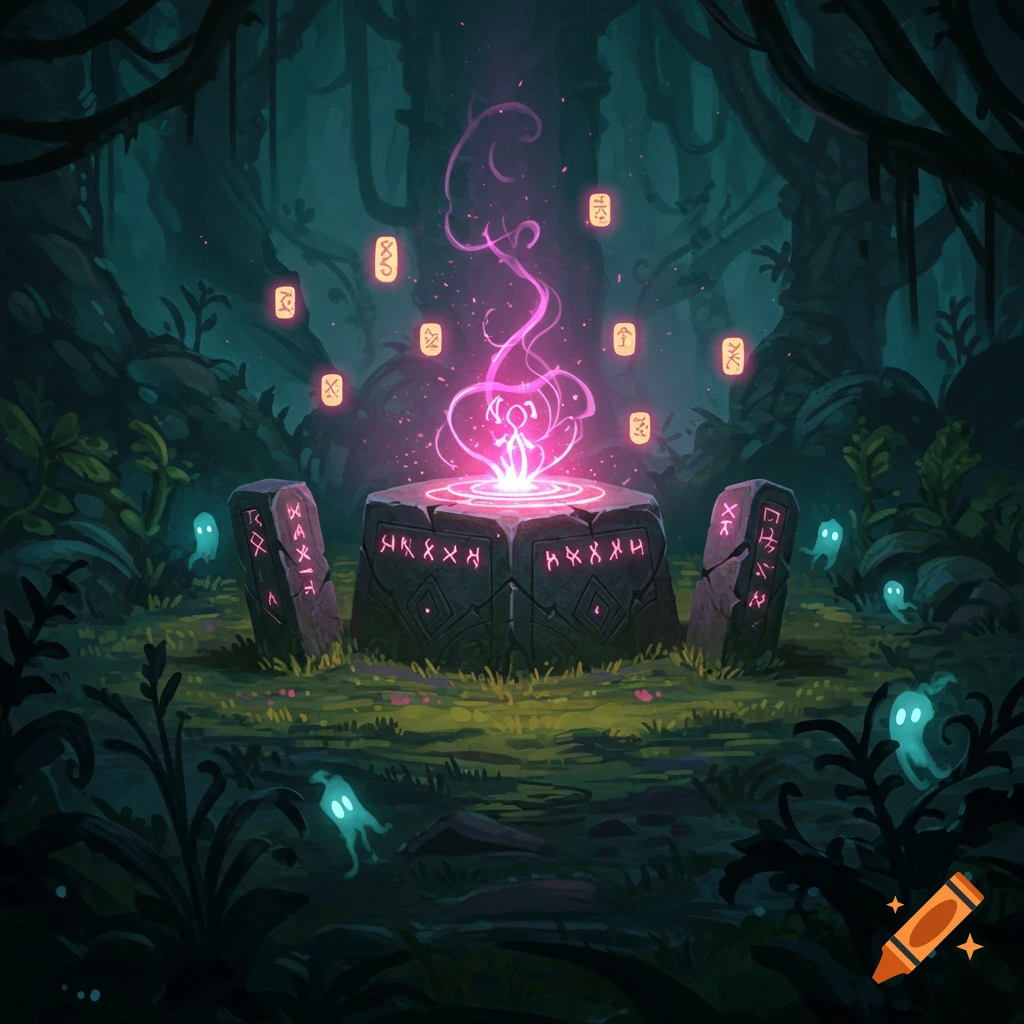 A glowing mystical altar with runes and spirits in a dark forest.