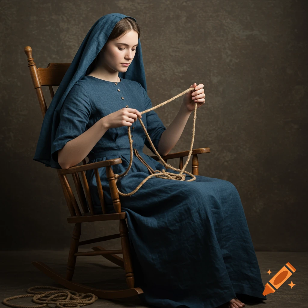 A young woman in a blue dress and veil sits in a rocking chair holding a rope.