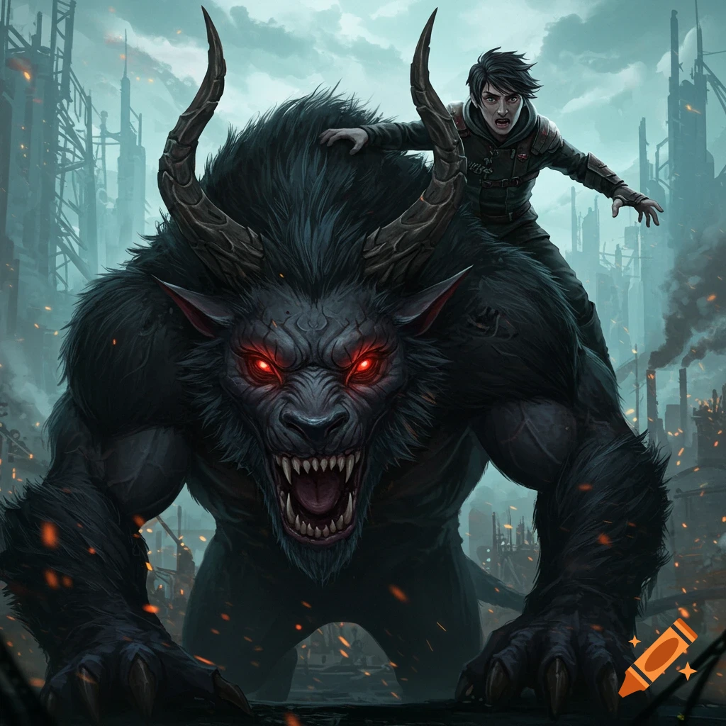 A person is riding a large dark fantasy creature through a ruined city.