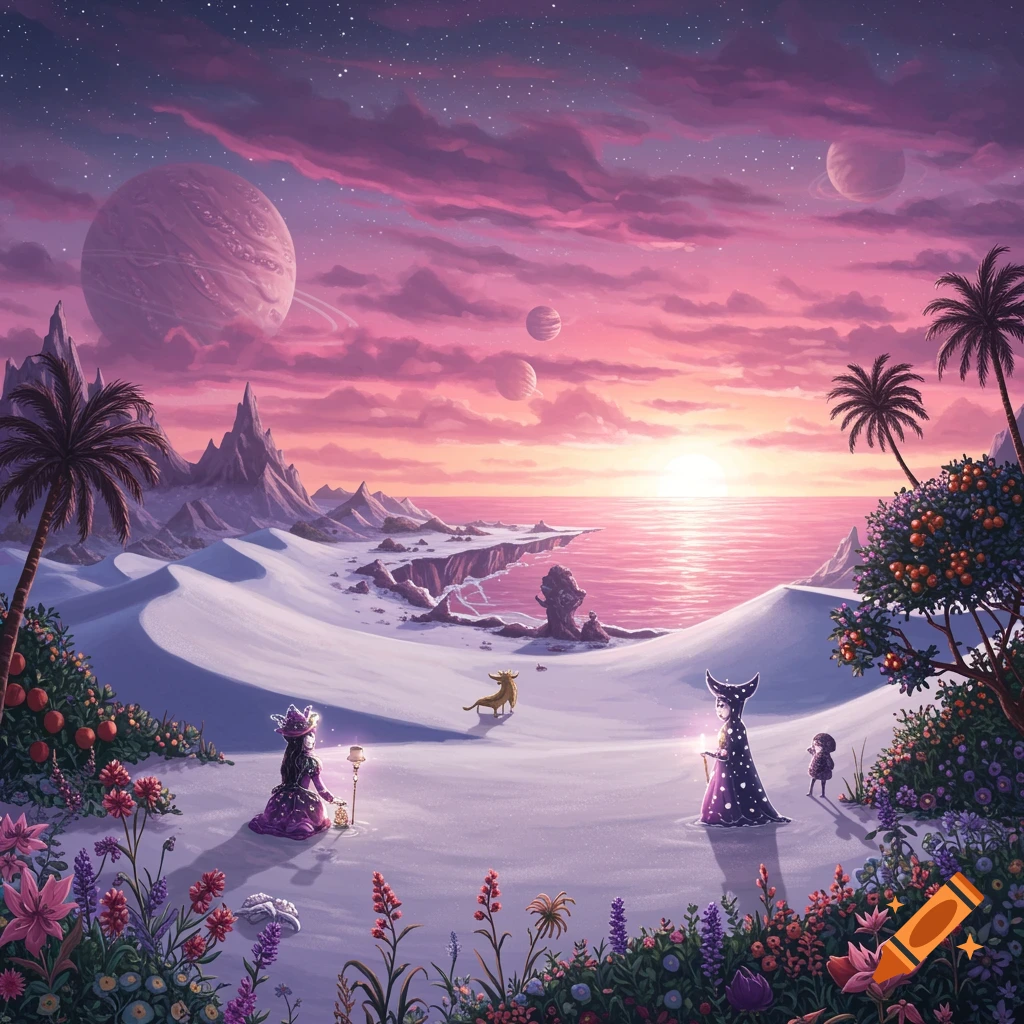 Alien landscape with pink sky, planets, white dunes, ocean, lush flowers, and whimsical figures.