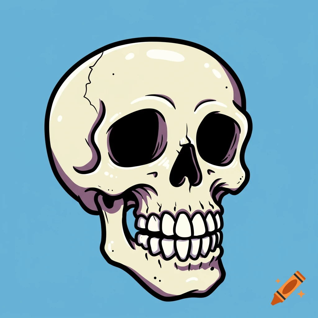 A cartoon skull on a light blue background.
