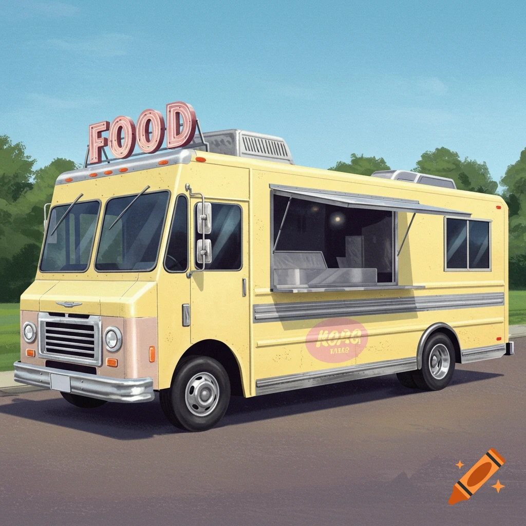 A pastel yellow food truck with a retro diner theme and a sign that says "FOOD".